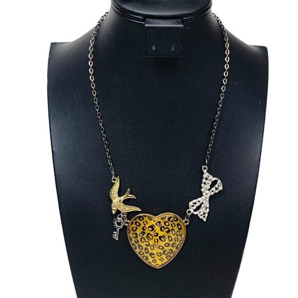 Bird Key Heart Bow Whimsical Silver Chainlink Necklace Crystal Animal Print 18"L - Picture 1 of 6